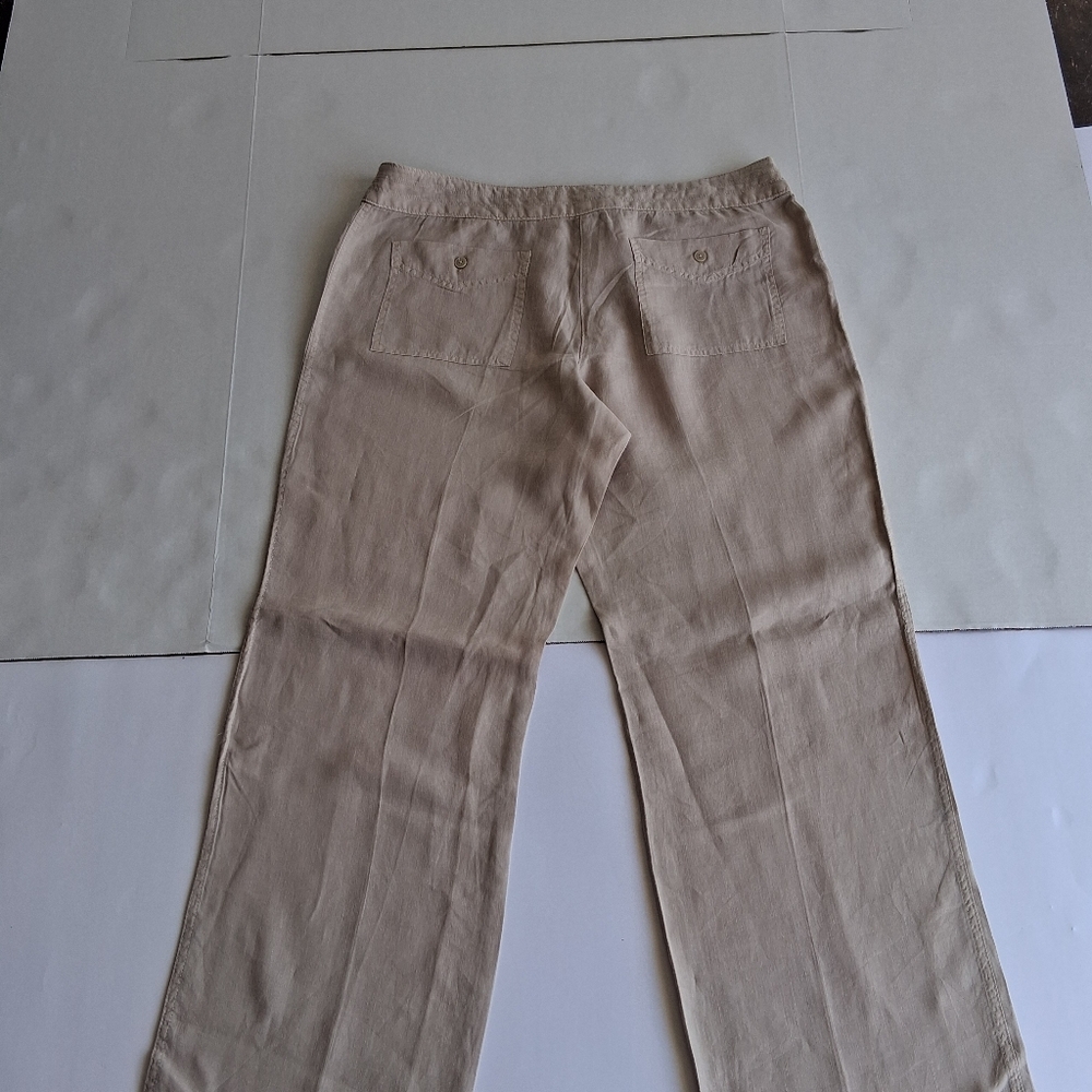 Light Beige Women's Linen Blend Wide Leg Pants - Picture 2 of 14